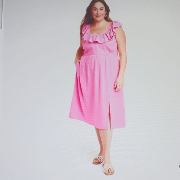 New Ava & Viv Ruffle Sleeveless A Line Dress Midi Women's Pink 2X New With Tags - Picture 2 of 4